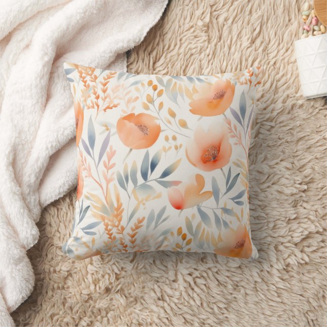 Peach Blume und Dusty Blue Contemporary Kissen (Decke)
