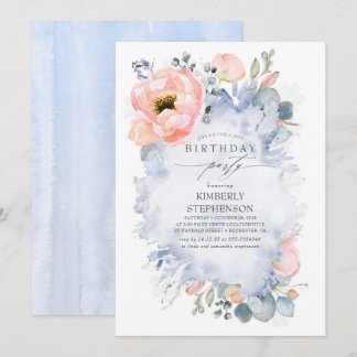 Peach Blume und Grüne Dusty Blue Geburtstag Einladung
