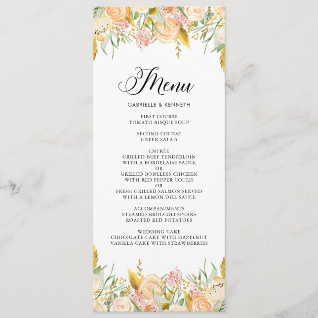 Peach Blume with Gold Foil Foliage Menu Card II Menükarte (Vorderseite)