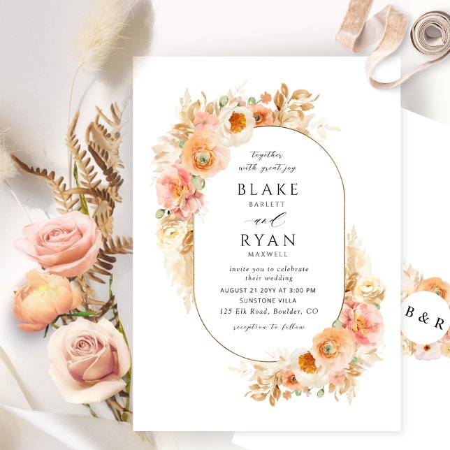 Peach Blush and Cream Oval with Monogram Wedding Einladung (Von Creator hochgeladen)