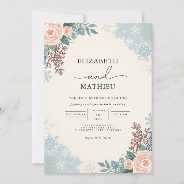 Peach Blush Bloral Winter Hochzeit Einladung (Vorderseite)