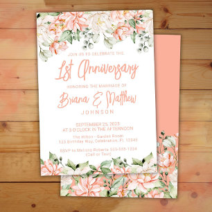 Peach Blush Elfenbeinblume 1. Hochzeitstag Einladung