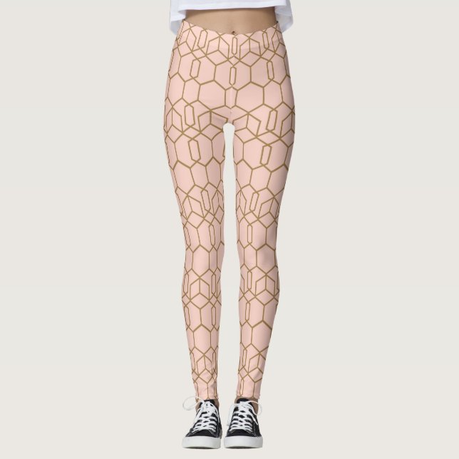 Peach Blush & Gold Modern Boho Geometric Glam Leggings (Vorderseite)