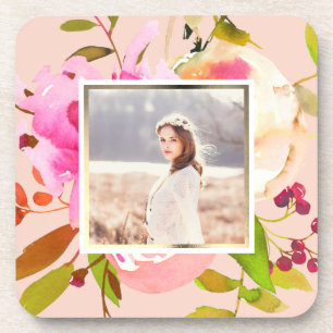 Peach Blush mit Watercolor Floral Foto Getränkeuntersetzer