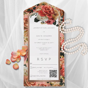 Peach Blush & Pink Rustikale Rose QR Code All In One Einladung