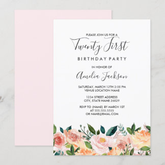 Peach Blush Wassercolor Floral 21. Geburtstag Part Einladung