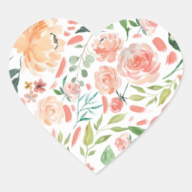 Peach Blush Watercolor Blumengebirge Hochzeitsherz Herz-Aufkleber (Vorderseite)