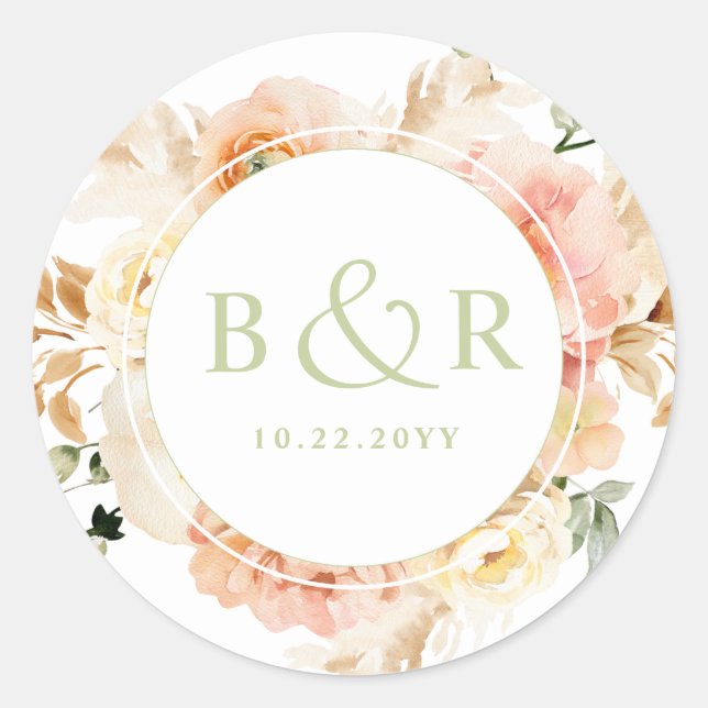 Peach, Blush with Green Wedding Envelope / Gefalle Runder Aufkleber (Vorderseite)