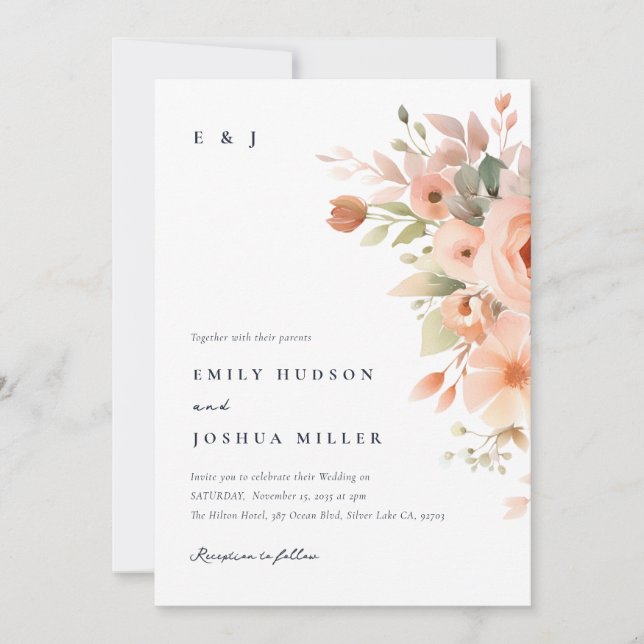 Peach Boho Floral Wedding Einladung (Vorderseite)
