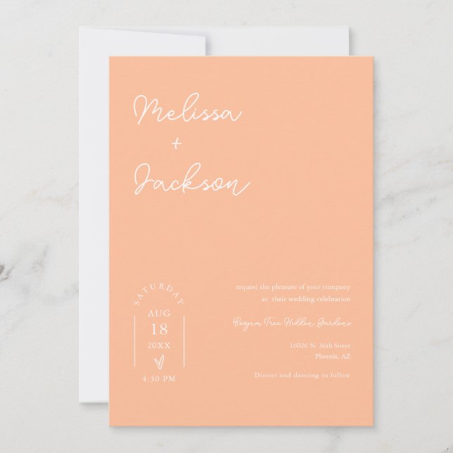 Peach Boho Minimalistisch Wedding QR Code Foto Einladung (Vorderseite)