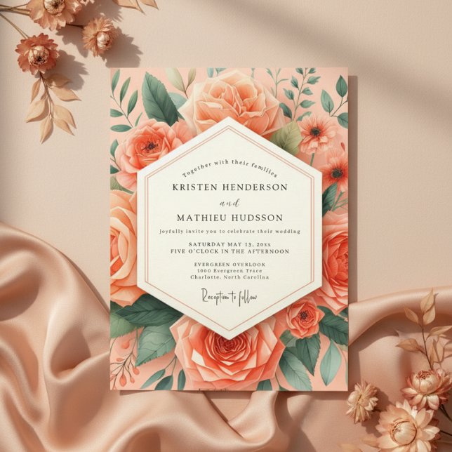 Peach Botanical Romance Wedding Einladung (Von Creator hochgeladen)