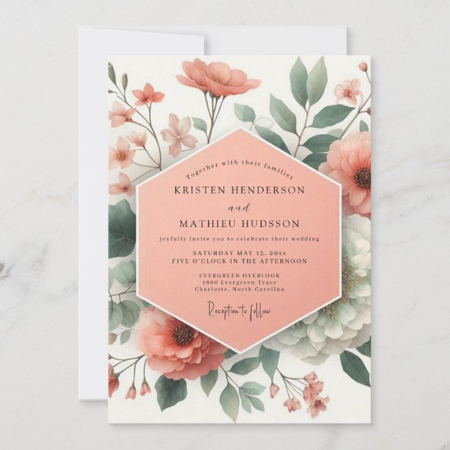 Peach Botanical Romance Wedding Einladung (Vorderseite)