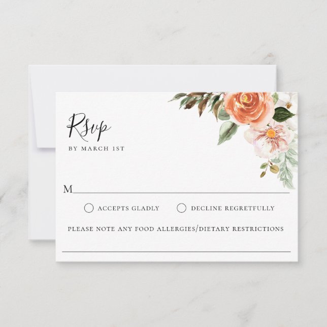 Peach Botanical Wedding Food Allergy RSVP Card Karte (Vorderseite)
