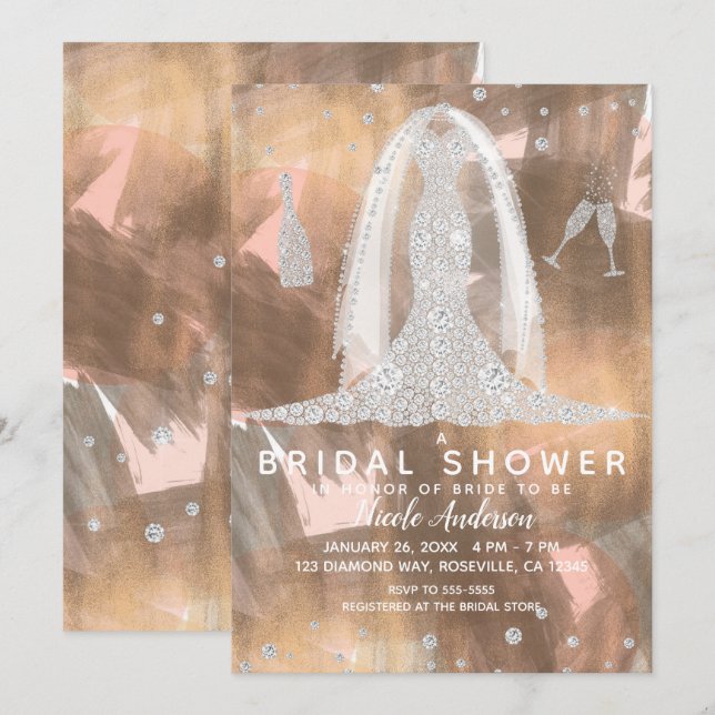 Peach Bronze Diamond Wedding Dress Brautparty Einladung (Vorne/Hinten)