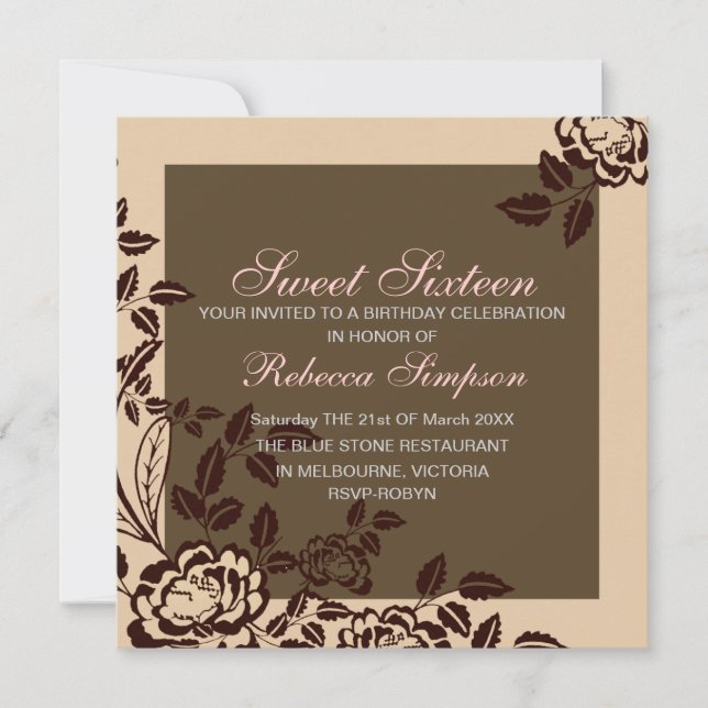 Peach & Brown Rose Sweet 16 Birthday Einladung (Vorderseite)