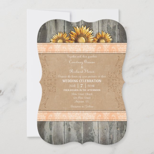 Peach Brown Rustic Sunflower Wedite Einladung (Vorderseite)