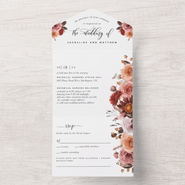 Peach, Burgund Blush Bloral Wedding RSVP Dietary  All In One Einladung (Innen Boden)