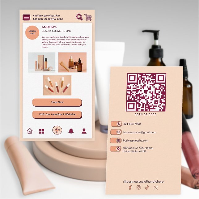 Peach Burgundy Brand Beauty Cosmetic QR Code Techn Visitenkarte (Von Creator hochgeladen)