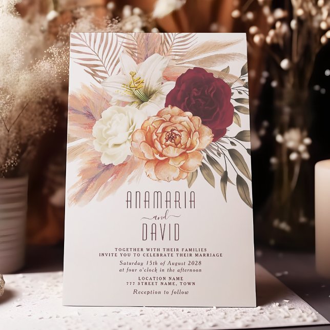 Peach Burgundy Floral Wedding Einladung (Von Creator hochgeladen)