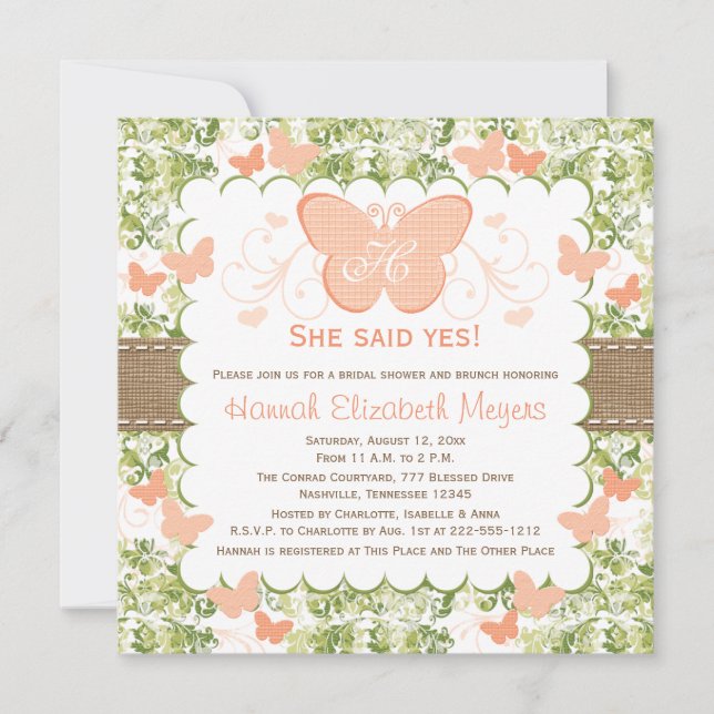 Peach Burlap Butterfly Bridal Shower Invitations Einladung (Vorderseite)
