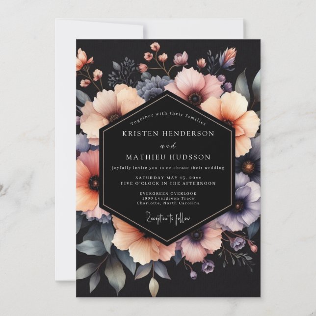 Peach Charcoal Dramatic Bloom Wedding Einladung (Vorderseite)
