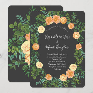 Peach & Charcoal, Gray Peony & Rose Blumenhochzeit Einladung