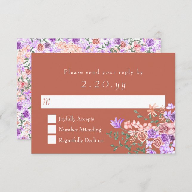 Peach, Clay, Lilac Rose Bouquet Wedding RSVP Card (Vorne/Hinten)