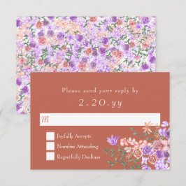 Peach, Clay, Lilac Rose Bouquet Wedding RSVP Card Karte