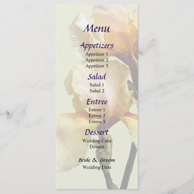 Peach Colored Irises Wedding Menu Menükarte (Vorderseite)