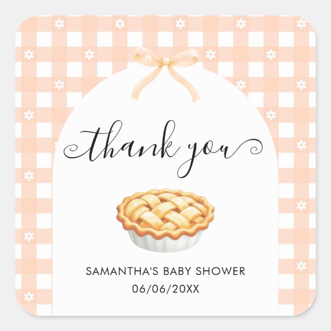 Peach Coquette Pie Baby Shower Thank You Quadratischer Aufkleber (Vorderseite)