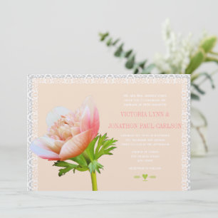 Peach Coral and Lace Peony Floral Wedding Einladung