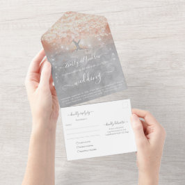 Peach Coral Apricot Pink Heart Leaf Tree Hochzeit All In One Einladung