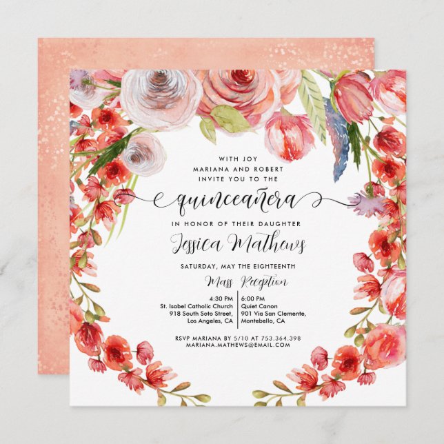 Peach Coral Floral und Glitzer Quinceañera Einladung (Vorne/Hinten)