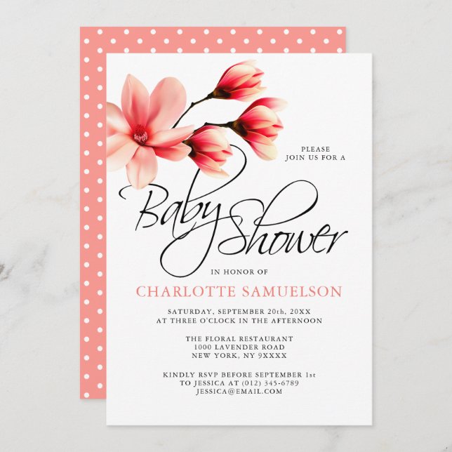 Peach Coral Lachs Floral Magnolia Babydusche Einladung (Vorne/Hinten)