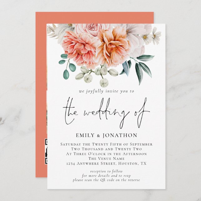 Peach Coral Peonies Floral 3 Foto QR Code Hochzeit Einladung (Vorne/Hinten)