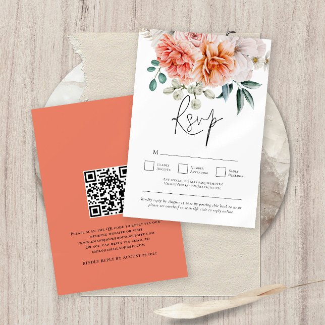 Peach Coral Peonies Florals QR Code Hochzeit RSVP Karte (Front and back view)