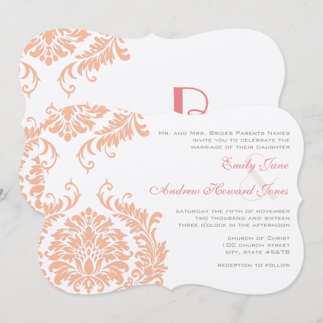 Peach Coral Rose Gold Damask Einladung (Vorne/Hinten)