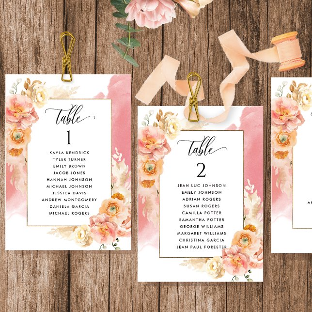 Peach, Coral Seating Plan Cards mit Gästennamen (Von Creator hochgeladen)