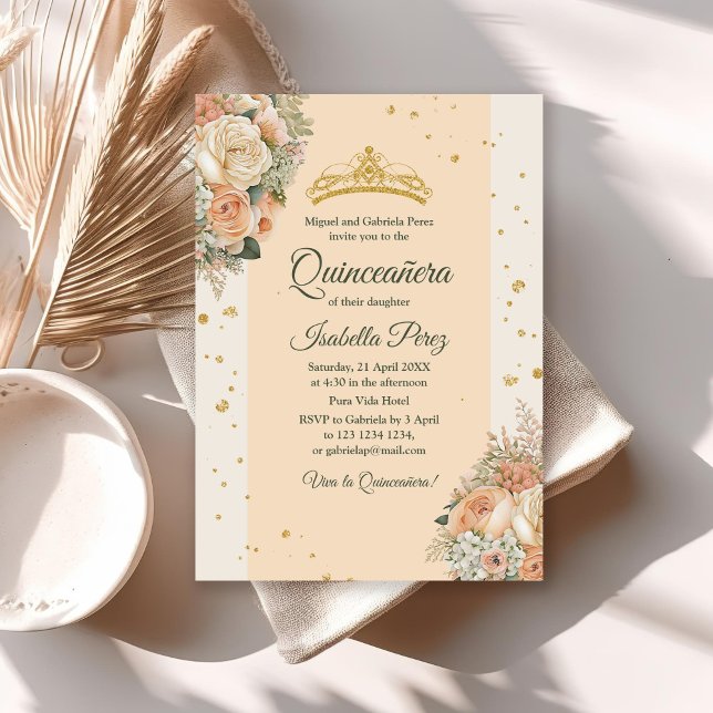 Peach Cream Floral and Gold Tiara Quinceanera Einladung (Peach Cream Floral and Gold Tiara Quinceanera Invitation on a white table with neutral decor.)