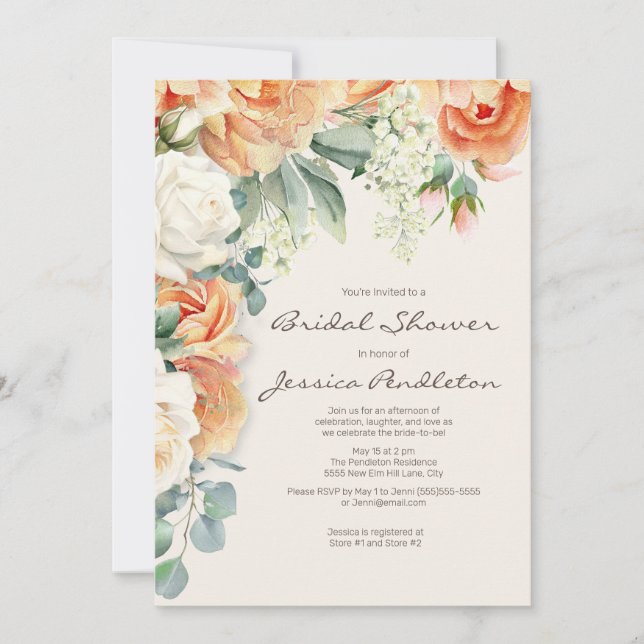 Peach Cream Floral Eucalyptus Bridal Showe Einladung (Vorderseite)
