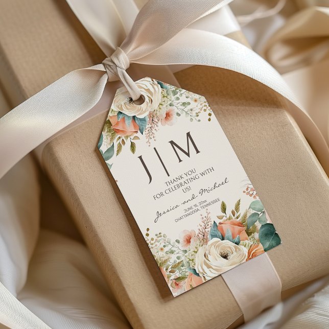 Peach Cream Floral Monogram Wedding Geschenkanhänger (Elegant peach and cream-colored watercolor floral monogrammed wedding "Thank you" gift tag)