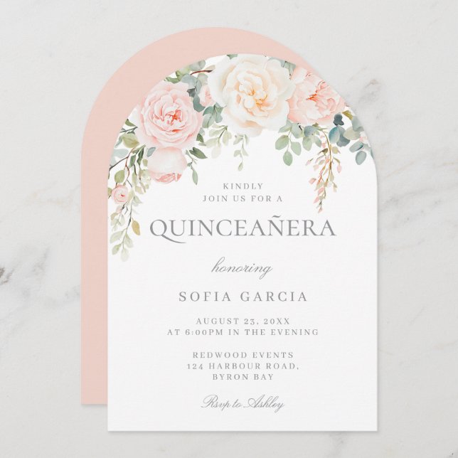 Peach & Cream Floral Quinceanera 15. Party Einladung (Vorne/Hinten)