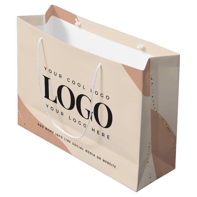 Peach Cream Gold Dots Custom Logo Große Geschenkta Geschenktüte (Vorderseite Schrägansicht)
