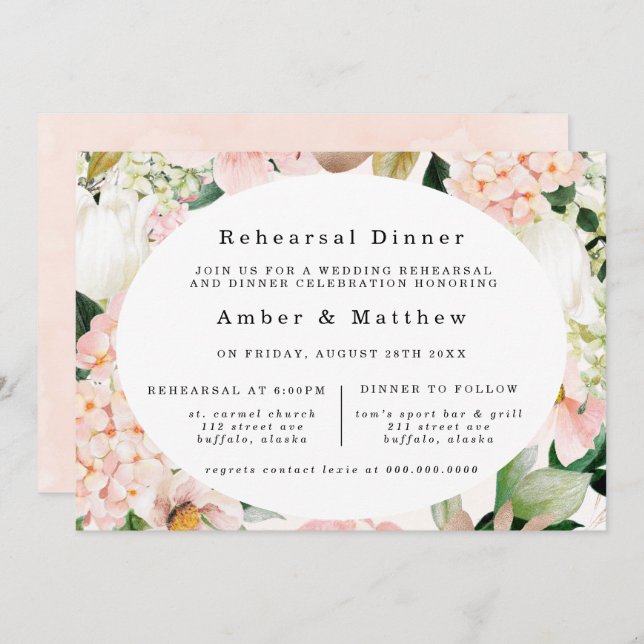 Peach Cream Hydrangeas Tulip Probe Abendessen Einladung (Vorne/Hinten)