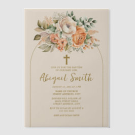 Peach Cream Watercolor Floral Gold Cross Taufen