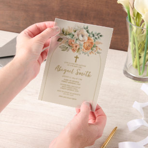 Peach Cream Watercolor Floral Gold Cross Taufen