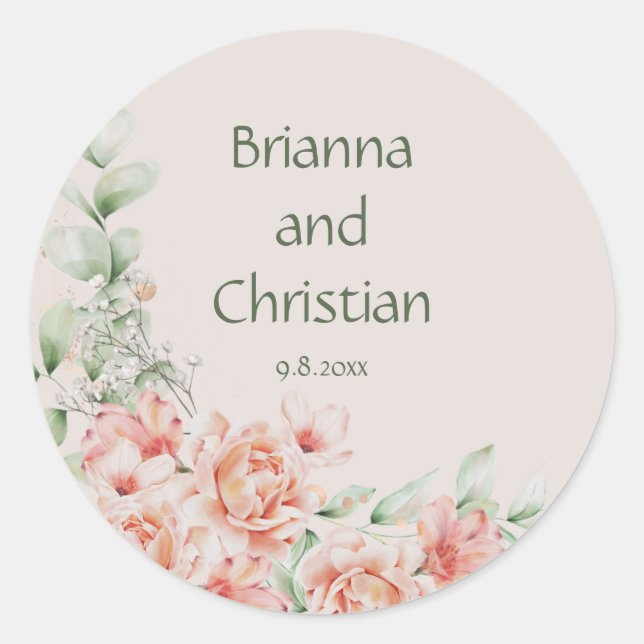 Peach Creme and Sage Green Floral Garden Runder Aufkleber (Vorderseite)