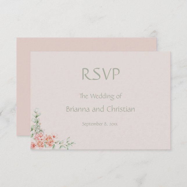 Peach Creme and Sage Green Romantic Floral RSVP Karte (Vorne/Hinten)