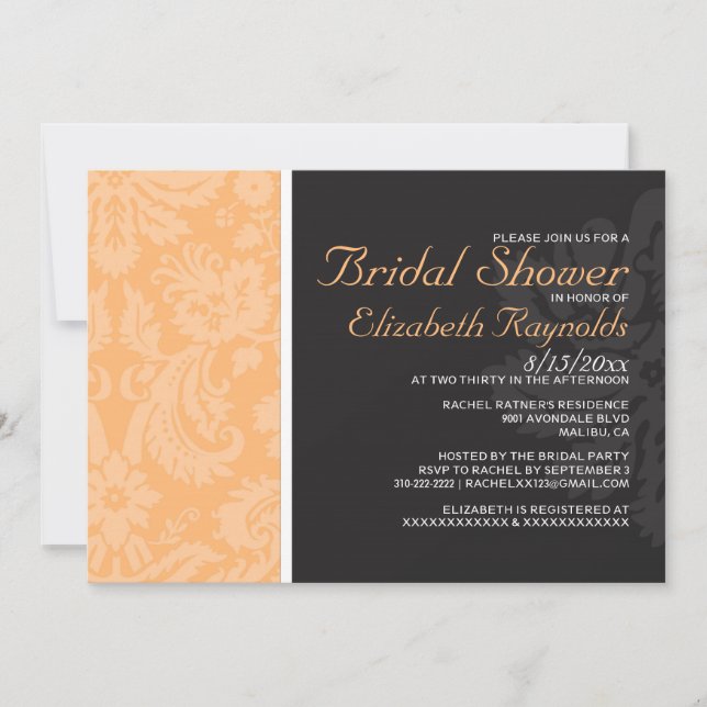 Peach Damask Bridal Dusche Einladungen (Vorderseite)