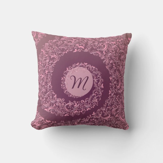Peach Damask Monogram Kissen (Vorderseite)
